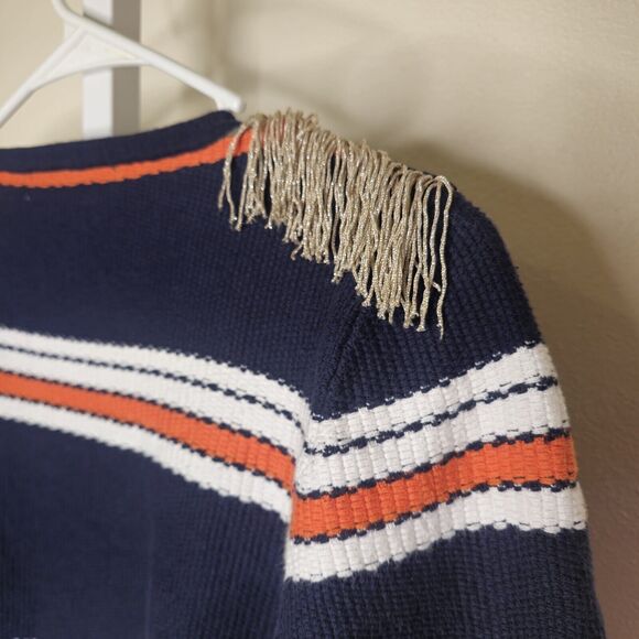 Vilagallo Navy Blue Multicolor Stripe Open Front Cardigan Fringe Shoulder S/M - Picture 12 of 16